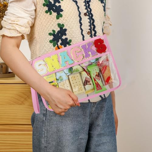 Clear Snack Bag for Travel, Chenille Letter Clear Zipper Snacks Pouch Nylon Cosmetic Bag Makeup Travel Bag for Women - color: Pink