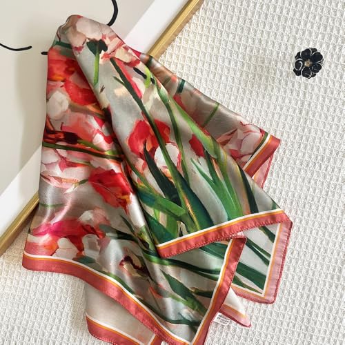 FONYVE 100% Mulberry Silk Scarfs for Women-Lightweight Square Satin Head Scarf-Small Silk Hair Scarf for Sleeping 21"x21" - color: 18 Red Flower