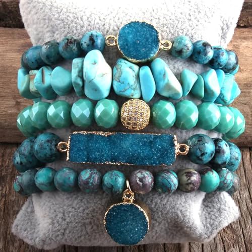 Yomisa 5PCS 6PCS Natural Boho Beaded Bracelets/Bangle for Women Men,Healing Turquoise Jasper Agate Crystal Gemstone Stone Chakra Multilayer Wrap Bohemian Handmade Jewelry Beads Stretch Bracelet Set - color: 5PCS-Blue