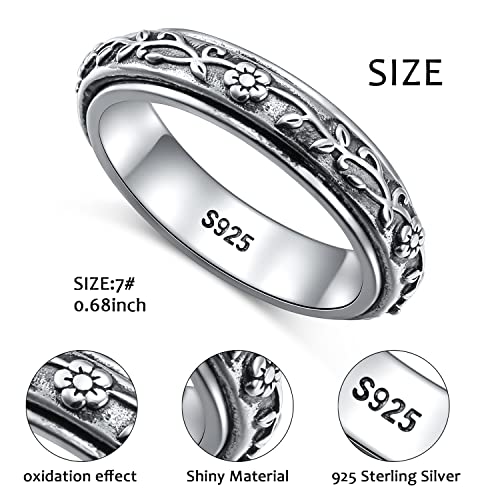 Ladytree Spinner Fidget Ring Sterling Silver Thumb Band for Women Anxiety Ring Platinum Plated Worry Stress Relief Just Breathe Boredom ADHD Autism Rings Boho Jewelry Gift - color: E-oxidized plum flower