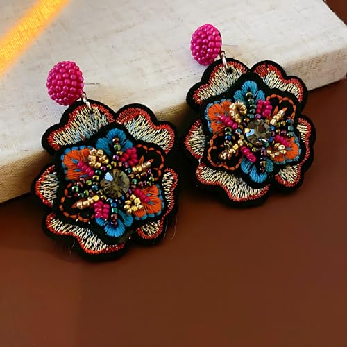 Boho Floral Embroidered Earrings with Colorful Bead Accents and Crystal Center for Women - color: Colour