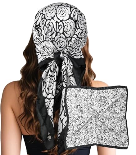 Sumolux Head Hair Scarf for Women Like Satin Silk Scarf Bandana Hair Wrapping Night Large Square Scarves 27.5" - color: Black Camellia