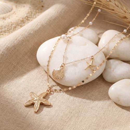 Shell Starfish Necklace for Women, Gold Plated Boho Layered Pendant Necklace with Pearl Conch Charm, Dainty Coastal Summer Beach Vacation Jewelry Gifts - style: Shell&Starfish 2Pcs