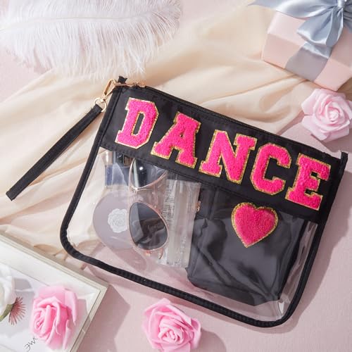 Hillban 2 Pcs Dance Recital Gifts Makeup Bags Chenille Letter Bags for Dance Team Gifts PVC Clear Cheer Case Toiletry Zipper Pouch for Women Ballet Competition Accessories Dancer Stuff - style: Dance Theme