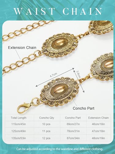 FIORETTO Western Waist Chain Belt Metal Concho Belt for Women Cowgirl Cowboy Boho Country Belt for Dress Jean - color: Gold-24, size: Fit Waist Up to 46"