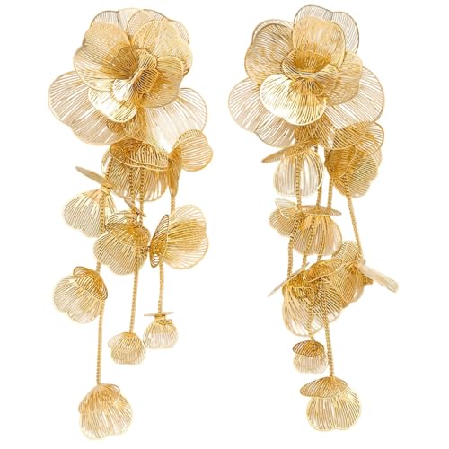 Gold Silver Filigree Floral Dangle Earrings for Women, Long Drop Statement Earrings for Vintage Wedding Jewelry - style: Gold Long Floral Earrings