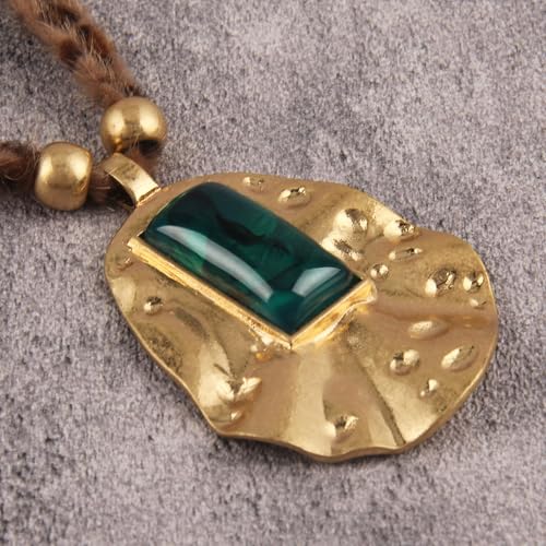 Boho Necklace for Women Adjustable Silicone Rope with Gold Beaded Pendant Chunky Handmade Vintage Jewelry - style: Vintage Green Stone Necklace