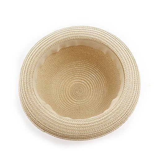 BinaryABC Summer Straw Sun Hat for Women & Kids (Fits Head Circumference 57cm) | Lightweight Bowler Beach Cap for Small Heads,Adjustable & Breathable – Beige