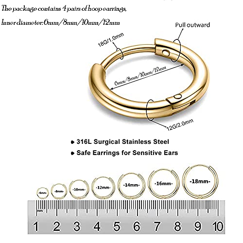 316L Surgical Stainless Steel Huggie Hoop Earrings 6mm 8mm 10mm 11mm 12mm 14mm Hypoallergenic Earrings Hoop Cartilage Helix Lobes Hinged Sleeper Earrings For Men Women - style: G04:4Pairs Rose gold(6mm/8mm/10mm/12)18G