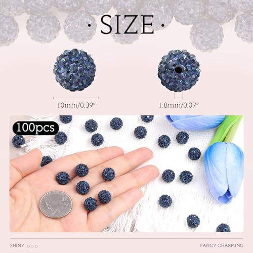 100pcs 10mm Rhinestone Beads for Jewelry Making, Blue Black Shiny Round Shamballa Disco Ball Beads Bulk, Sparkle Crystal Clay Christmas for Bracelet Baseball Necklace Earring Crafting and DIY - color: Blue Black, size: 10mm/100pcs