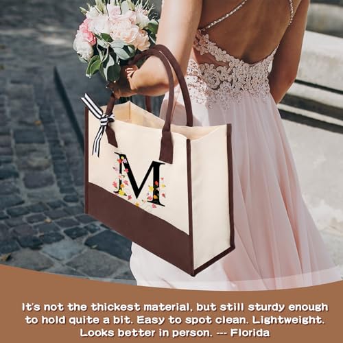 Reginary 12 Pack Canvas Tote Bags Initial Classic Present Personalized Canvas Beach Bag for Wedding, Birthday, Beach(Brown and White) - color: Brown and White
