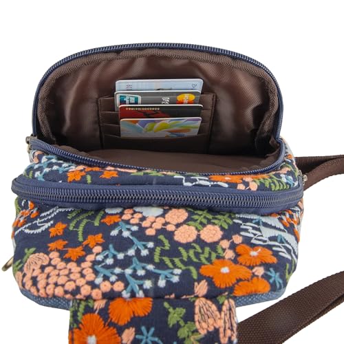 SILKAREA Canvas Sling Bag for Wome Crossbody Purse Small Sling Backpack Purse Travel Hiking Chest Bag Daypack - color: Embroidered Blue