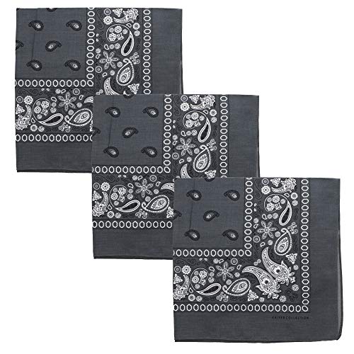 Motique Accessories Set of 3 Paisley Bandanas – 100% Cotton 22 Inch Head Scarf Neck Bandana Face Cover - color: Dark Grey