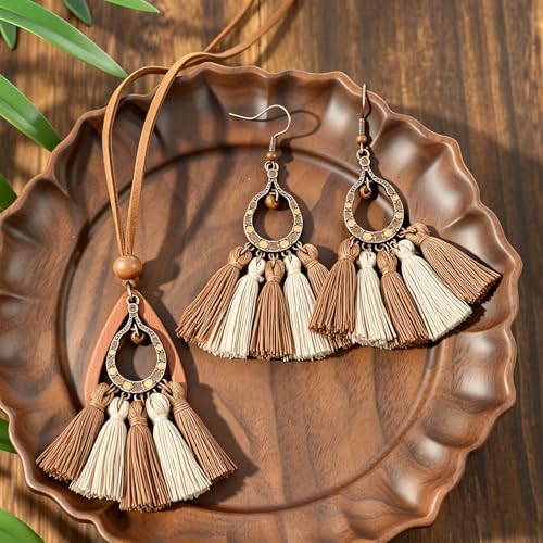 Wooden Leather Necklaces Set Bohemian Wood Stack Discs Long Chain Hemp Rope Bronze Plated Pendant Ethnic Tribal Fall Leaf Earrings Jewelry Statement Necklace - color: R-039