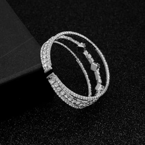 Women's Multi-Layer Rhinestone Cuff Bracelet Sparkling Crystal Tennis Bangle for Bridal Wedding Party - color: 1146 Silver