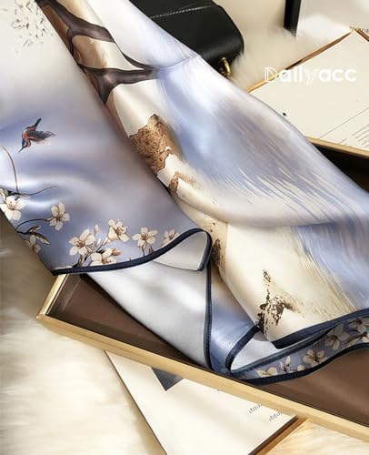Dailyacc Hair Bandanas Scarf For Women Lightweight Fashion Neck Silk Satin Head Scarves For Sleeping Handbags Scarf - color: 17-blue Plum Blossom/27.5*27.5in