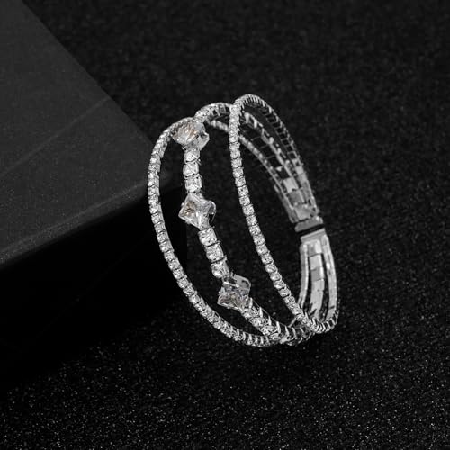 Women's Multi-Layer Rhinestone Cuff Bracelet Sparkling Crystal Tennis Bangle for Bridal Wedding Party - color: 1146 Silver