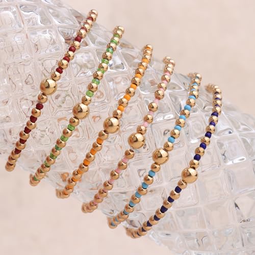 Gold Beaded Stackable Friendship Bracelets Set for Women, Handmade Boho Stretch Summer Jewelry Gift. - color: 0903S