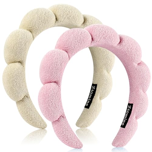 Ztomine Headband, Set of 2 - Terry Cloth Spa Headbands for Washing Face or Facial, Puffy Makeup Headbands for Face Washing, Mask - 1 Beige + 1 Pink - color: beige + pink
