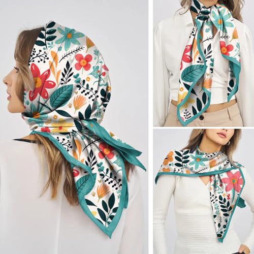 Scarf Silk Feeling Square Satin Head Hair Scarf Wrap 27.5 Inches Headwear Aesthetic Cute Decoration Women Girls - color: V-19-red Flower