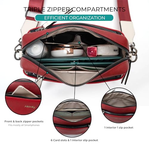 Alldaily Small Triple Zip Crossbody Purse for Women, Vegan Leather Phone Bag with Wide Shoulder Strap - color: Red & White & Red