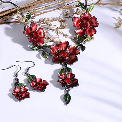 AMYJANE Vintage Statement Jewelry Set - Spring Leaf Flower Floral Plant Necklace Earring Set Crystal Rhinestone Fashion Costume Jewelry for Women Prom Party Unique Gift - style: Red Flower Green Leaf