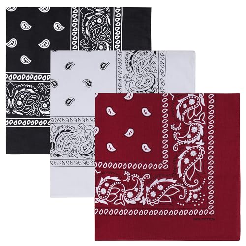 Raylarnia 100% Cotton Large Bandanas for Men and Women, 22 Inch Paisley Bandana with Multiple Colors - color: Black / White / Burgundy