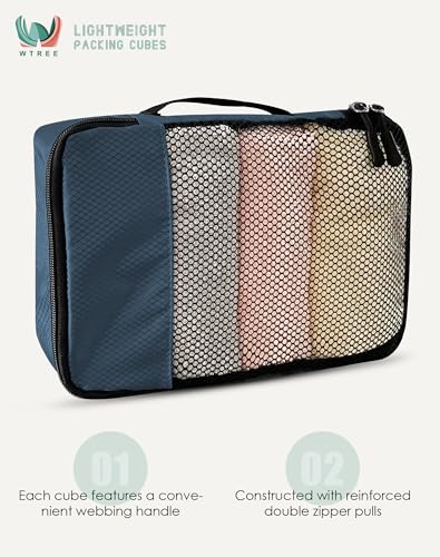 WTREE 4-Piece Packing Cubes Travel Accessories Set for Suitcases - Luggage Organizer Bags with Double Zipper - Mesh Top - Small/Medium/Large/Slim - Dark Blue - color: Dark Blue, size: Slim, Small, Medium, Large