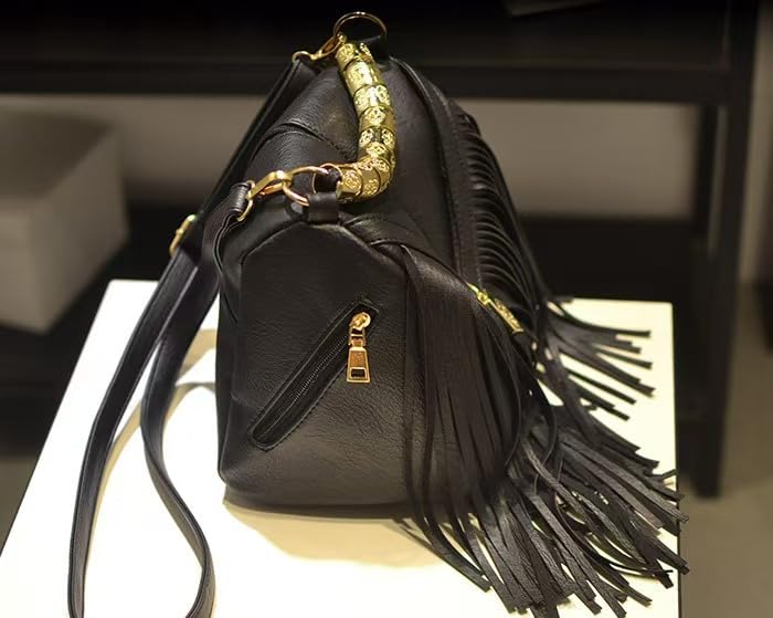 Tassel Shoulder Bag, Vintage Stylish Women PU Leather Bohemian Fringed, Vintage Hobo Crossbody Bag,Fringe Handbag - color: Black Red-1