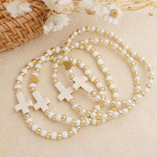Gold Beaded Pearl Cross Stack Friendship Bracelets Set for Women, 4Pcs Boho Trendy Handmade White Beads Elastic Stretch Stackable Bracelet Prom Jewelry Gift.