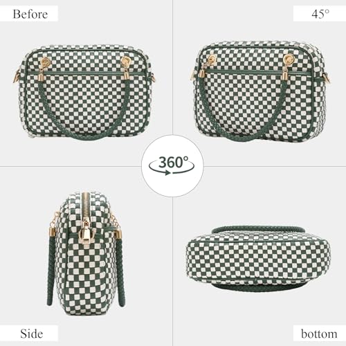 Chic Woven Crossbody Camera Bag, Soft Vegan Leather Purse with Designer Look & Braided Handle - color: Green and White Checkered