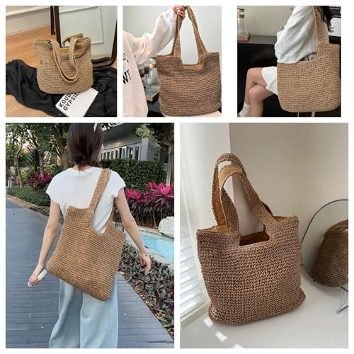 Aphoraeny Straw Beach Bag Buckets Totes Handbag Shoulder Tote Bag Straw Purse Summer Purse Women Summer Handbag - color: D-brown