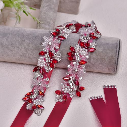Rhinestone Wedding Bridal Belt for Women Formal Dress Handmade Crystal Beading Wedding Sash Belt - color: Red