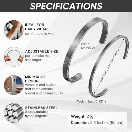 MEALGUET Stainless Steel Mens Cuff Bracelet : Minimal Cool Silver/Black/Gold Plated Open Metal Cuff Bangle Bracelets for Men,Mens Bracelet Jewelry Gift - color: Antique Grey-2-Pack, size: Medium( fit 5.5"-7.2" wrist)