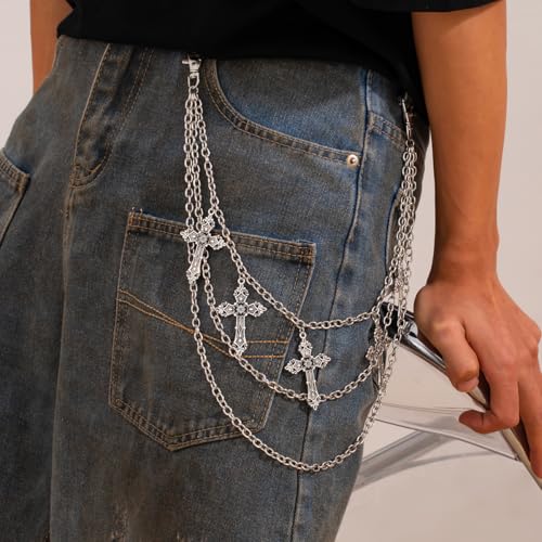 Layered Pants Chain for Men Women Punk Chain Hip Hop Jewelry Clothing Accessories Vintage Jeans Chains - style: Silver three layerded