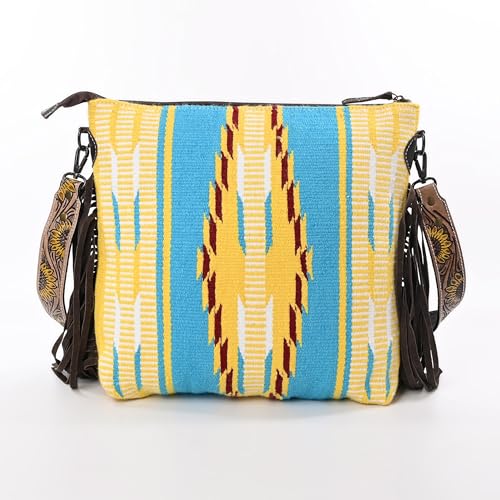 Merbaa Women Handtooled woolen saddle blanket hand woven Crossbody Bag - color: Yellow