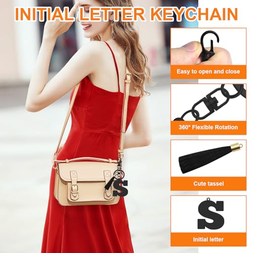 Oubaka Initial Monogram A-Z Keychain for Women, Cute Initial Letter Keychain with Tassel for Handbag Car Key Bag Keyring - color: Black-s