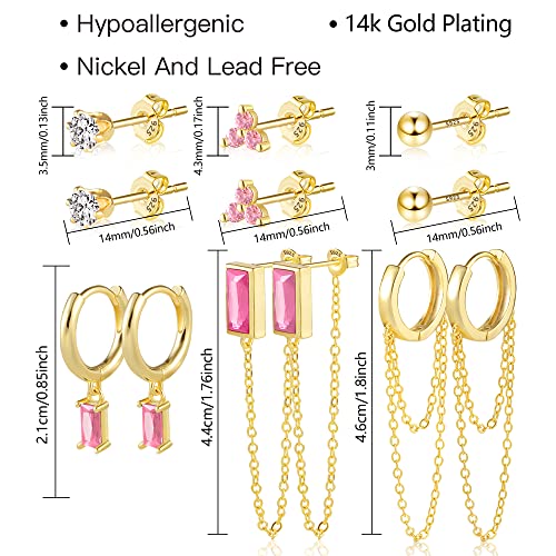 BOUTIQUELOVIN 14K Gold Stud Earrings Set for Women, for Multiple Piercing Silver Plated Studs Earrings and Zirconia Earring Set Small Huggie Hoop Chain Earing - color: 6Pairs Pink