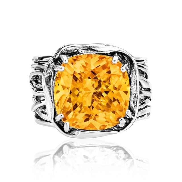 JEAN RACHEL JEWELRY 925 Sterling Silver Ring - Wrap Vintage Design with Cushion Shaped Cubic Zirconia - Hypoallergenic, Lead & Nickel Free - Artisan Handcrafted Statement Rings for Women - color: Citrine CZ