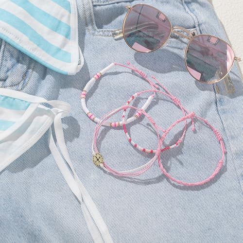 FANCY SHINY Boho Nautical Compass String Bracelets Beaded Clay Beads Bracelet Stackable Friendship Bracelets Summer Beach Outfits for Women Girls - color: Pink