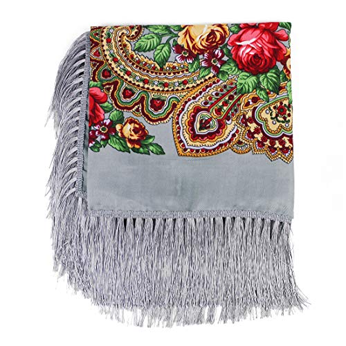 Gudessly Women's Traditional Scarf Wrap Tassel Fringes Neck Head Shawl Retro Scarf Floral Poncho Printing Square Cape 50inch - color: Grey