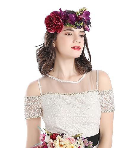 Vivivalue Floral Halo Boho Flower Headband Floral Crown Headpiece Hair Wreath with Ribbon Wedding Party Prom Photos Festival Purple - color: 33