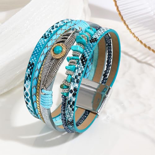 Long tiantian Boho Leather Wrap Bracelets Western Bracelets for Women Stackable Starfish Crystal Pearl Turquoise Leather Bracelet With Clasp Jewelry Gifts Boho Dresses - color: A5:BLUE Bracelet