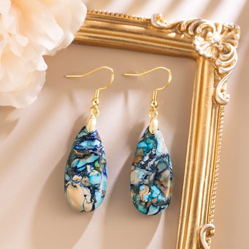 Stone Drop Earrings for Women Earrings Teardrop Jasper Stone Dangle Earrings - color: Dark Blue&Blue-Golden Hook