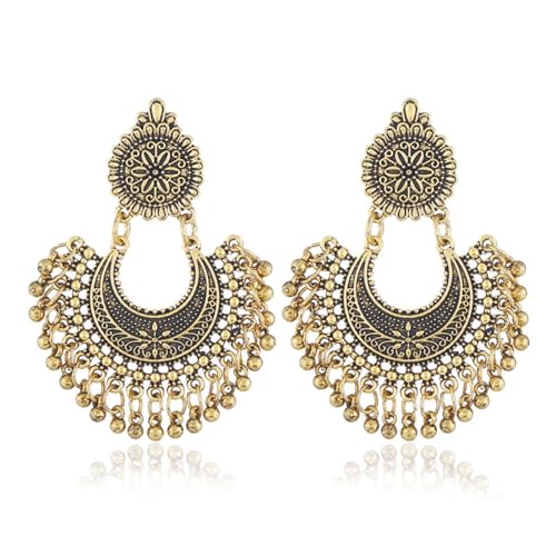 Boho Antique Carved Flower Dangle Drop Earrings for Women Vintage Retro Handmade Hollowed Antiqued Bronze Floral Shaped Geometric Gold Silver Plated Hoop Earrings for Ethnic Style Jewelry Gifts - color: Gold tassel