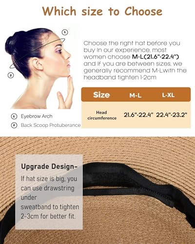 FURTALK Womens Sun Straw Hat Wide Brim UPF 80 Summer Hat Foldable Packable Floppy Beach Hats for Women - color: Beige With Black Brim, size: Large-X-Large