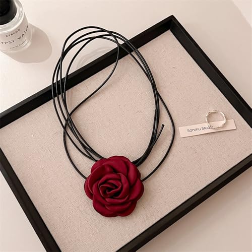OIDIMS Rose Flower Jewelry Set for Women Classic Velvet Camellia Satin Flowers Choker Necklace Sexy Charms Floral Earring Bracelet for Party Bride Wedding Party Summer Holiday Necklaces - color: Red