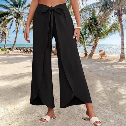 Wide Leg Tie Belted Linen Capri Pants for Women Casual High Waist Irregular Split Hem Palazzo Cropped Trousers - color: Black, size: Small