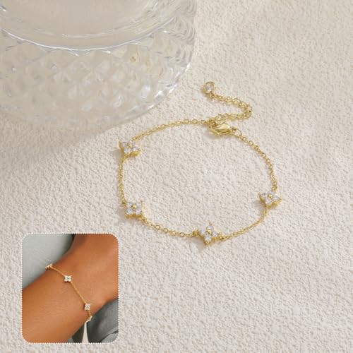 Dainty Silver Gold Bracelets for Women Trendy Non Tarnish 14K Gold Plated Cute Clover Bracelet Stackable Daisy Cubic Zirconia Diamond Charm Bracelet Stack Waterproof Jewelry Gifts - color: A- Clover Bracelet- Gold