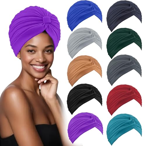 Barelove 10 Pieces Stretch Turbans Chemo Head Wrap Cancer Head Beanie Twisted Turban Cap Cover Hats for Women